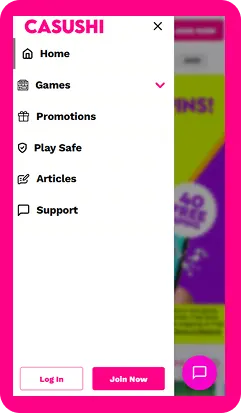 Casushi Online Casino mobile app interface showing key features and navigation options