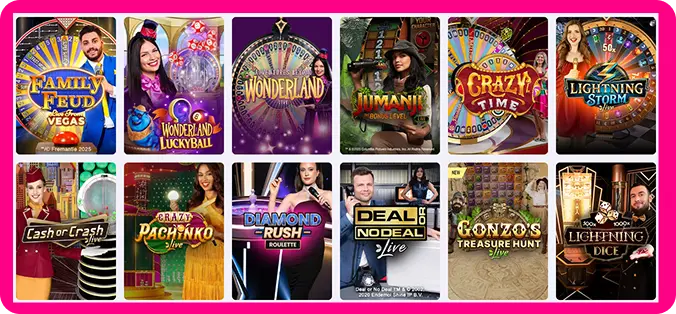 Casushi Online Casino game shows section displaying available live game show titles
