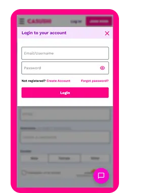 Casushi Casino mobile app login screen showing account access options